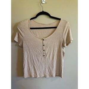 American Eagle Women's Striped Ribbed Henley Short Sleeve Top